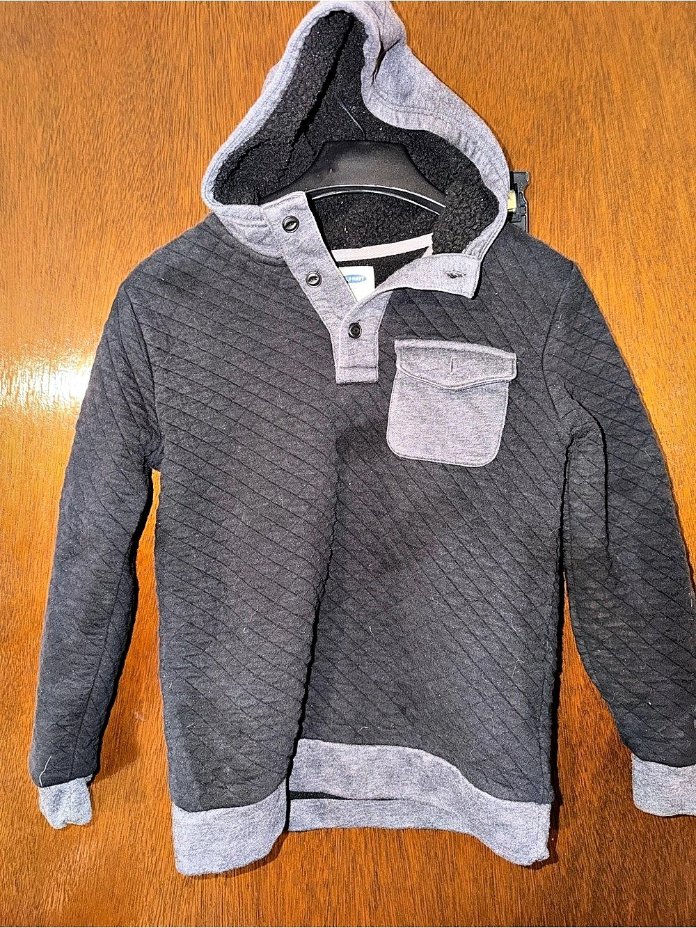 Old Navy Boys Size L (10-12) Black Quilted Sherpa Lined Pullover Hoodie Sweatshi